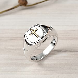 D'Joy Cross Mens Ring in 18K Vermeil YG and Rhodium Over Sterling Silver (Size 11.0) 6.55 Grams