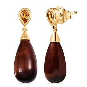 EverTrue Red Tiger Eye and Brazilan Citrine 28.40 ctw Earrings in 18K YG Plated and ION Plated YG Stainless Steel
