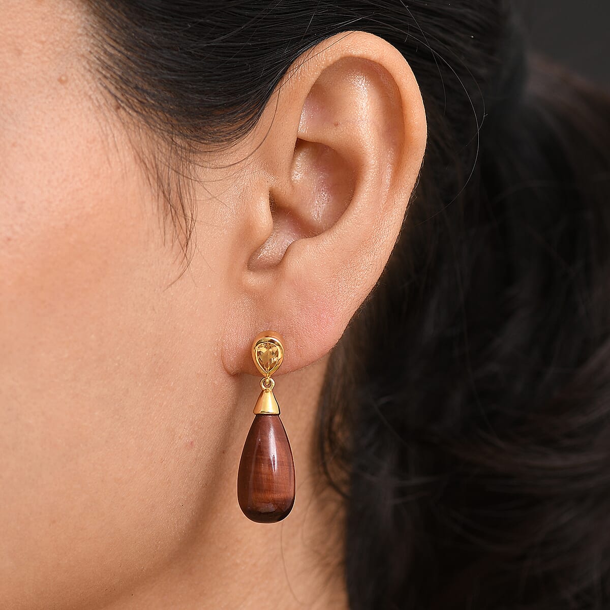 EverTrue Red Tiger Eye and Brazilan Citrine 28.40 ctw Earrings in 18K YG Plated and ION Plated YG Stainless Steel image number 2