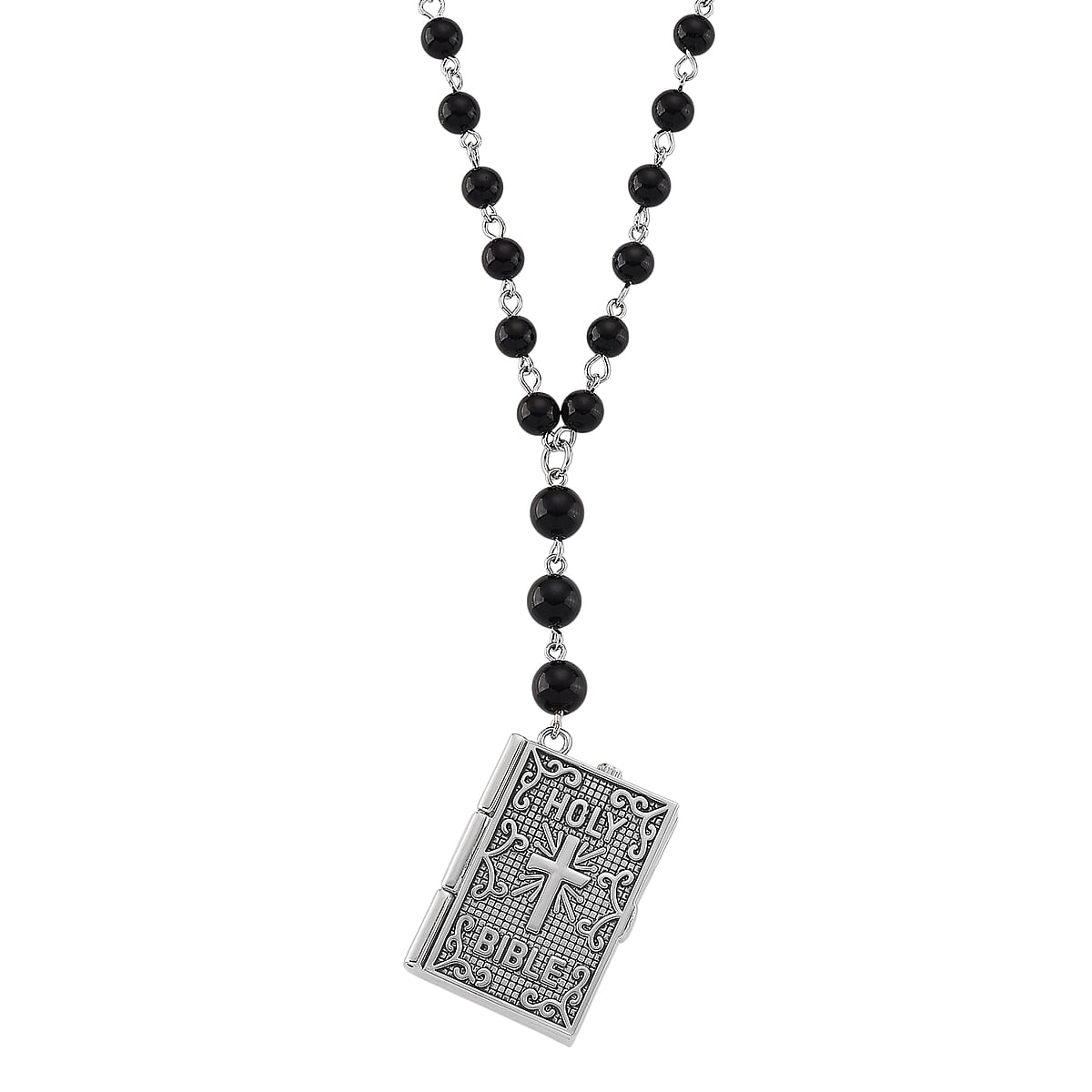 Genoa Black Obsidian 145.00 ctw Japanese Movement Bible Pocket Watch with Chain 36 Inches in Silvertone image number 0