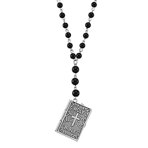 Genoa Black Obsidian 145.00 ctw Japanese Movement Bible Pocket Watch with Chain 36 Inches in Silvertone