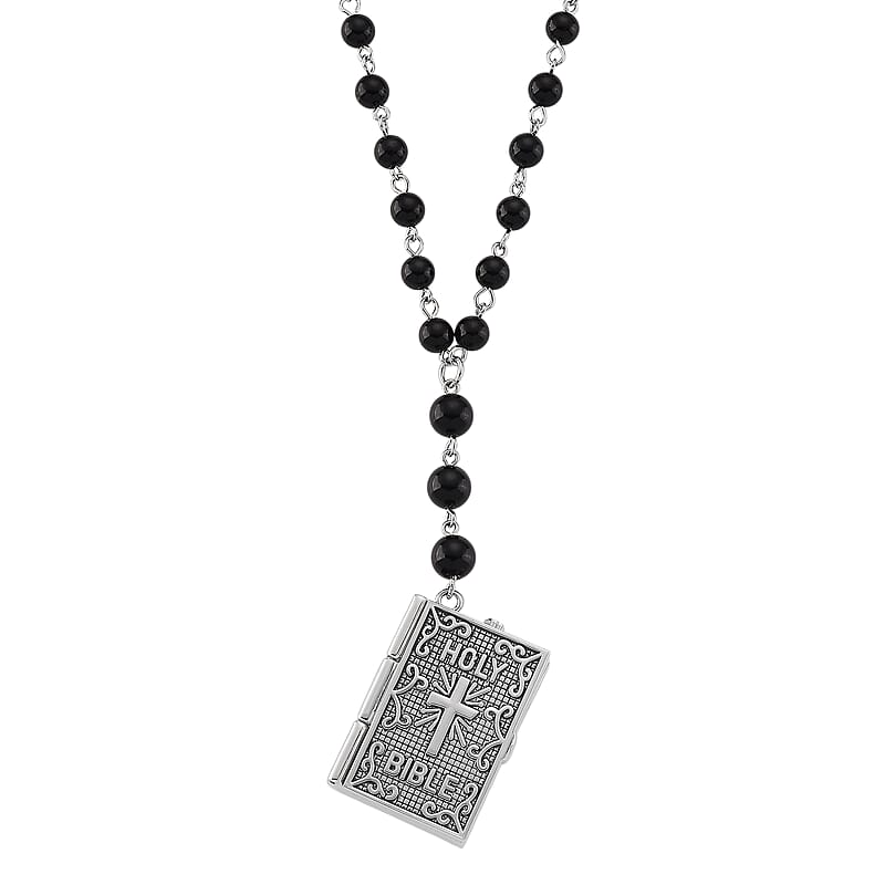 Genoa Black Obsidian 145.00 ctw Japanese Movement Bible Pocket Watch with Chain 36 Inches in Silvertone