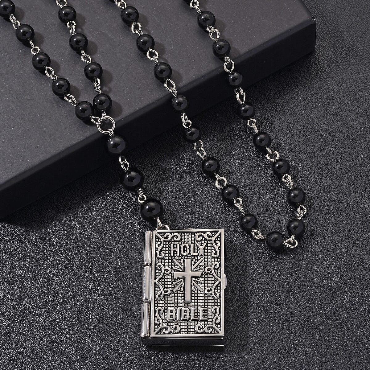 Genoa Black Obsidian 145.00 ctw Japanese Movement Bible Pocket Watch with Chain 36 Inches in Silvertone image number 1