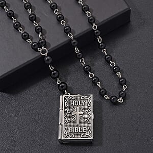 Genoa Black Obsidian 145.00 ctw Japanese Movement Bible Pocket Watch with Chain 36 Inches in Silvertone