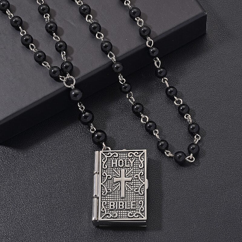 Genoa Black Obsidian 145.00 ctw Japanese Movement Bible Pocket Watch with Chain 36 Inches in Silvertone