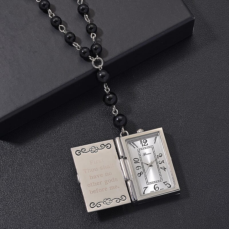 Genoa Black Obsidian 145.00 ctw Japanese Movement Bible Pocket Watch with Chain 36 Inches in Silvertone