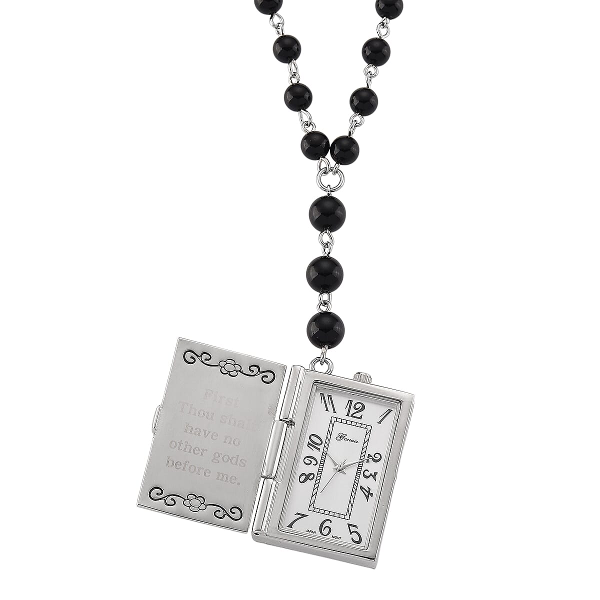 Genoa Black Obsidian 145.00 ctw Japanese Movement Bible Pocket Watch with Chain 36 Inches in Silvertone image number 3