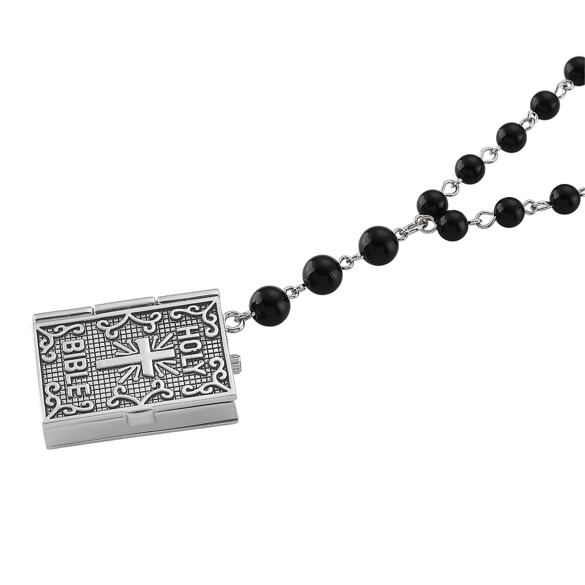Genoa Black Obsidian 145.00 ctw Japanese Movement Bible Pocket Watch with Chain 36 Inches in Silvertone image number 4