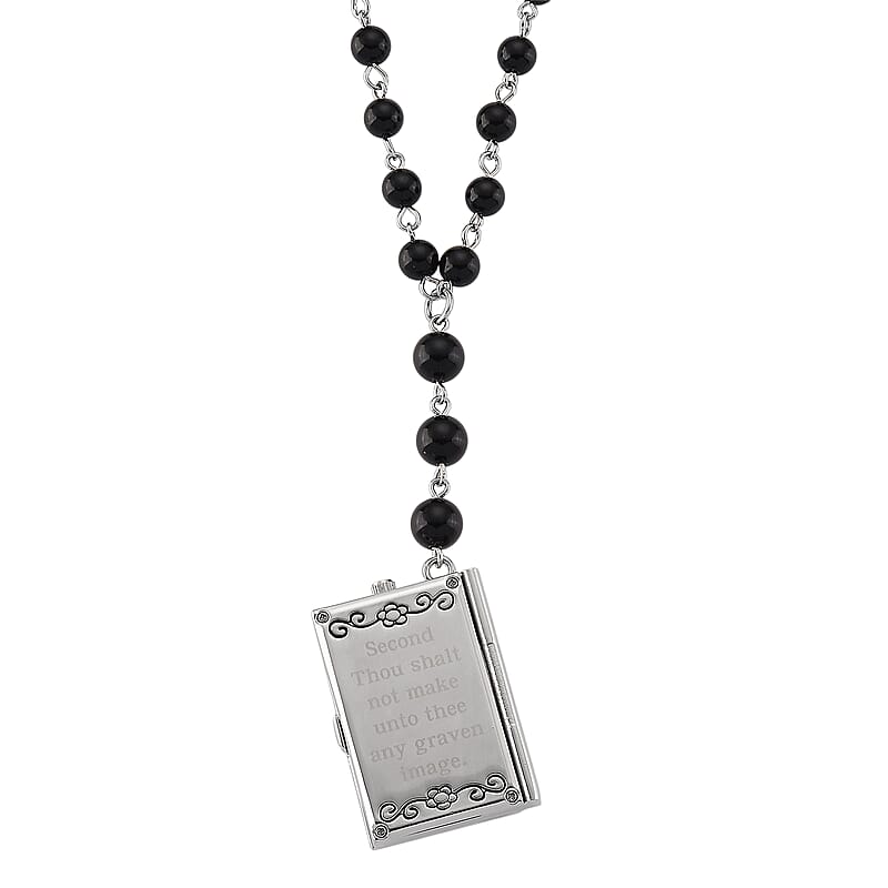 Genoa Black Obsidian 145.00 ctw Japanese Movement Bible Pocket Watch with Chain 36 Inches in Silvertone