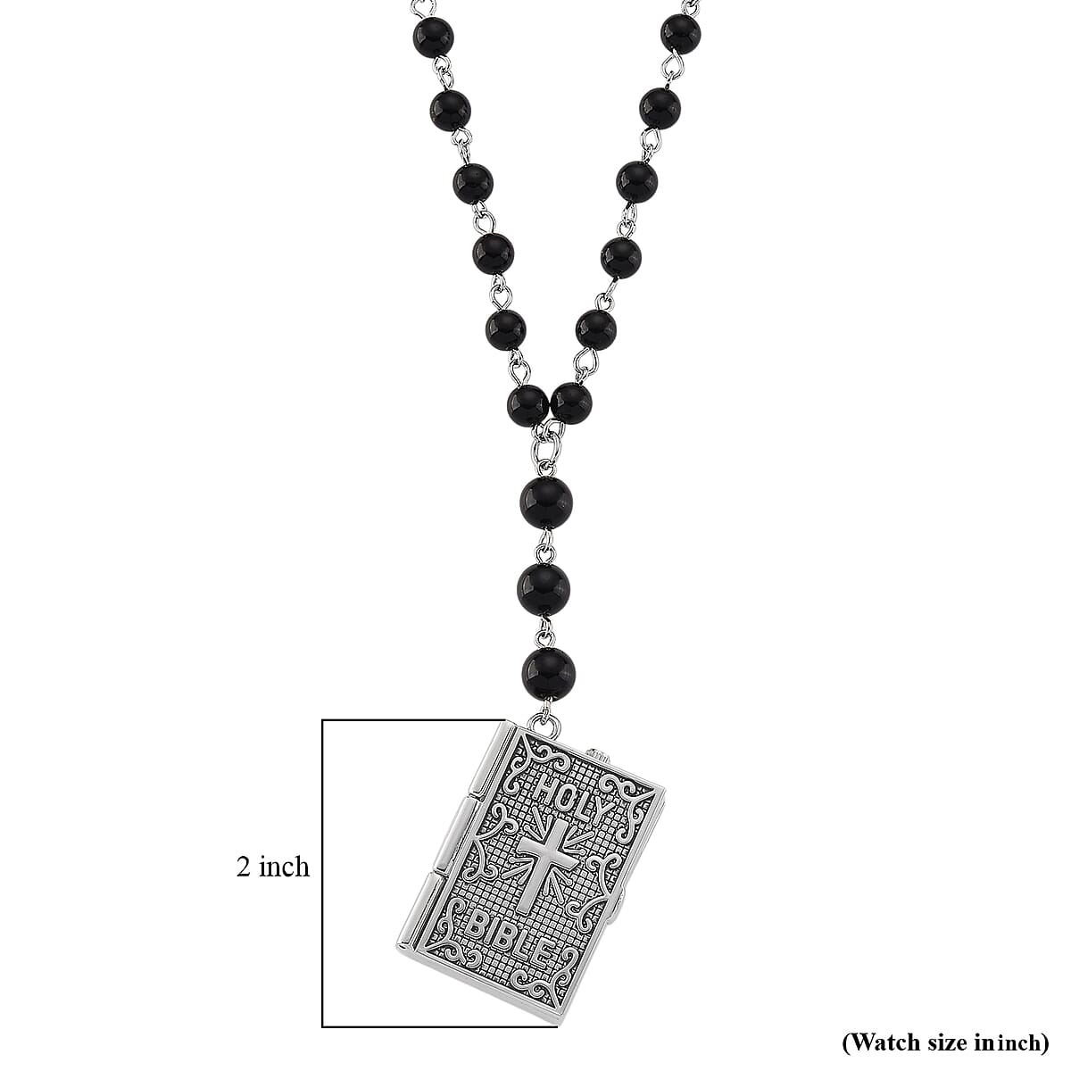 Genoa Black Obsidian 145.00 ctw Japanese Movement Bible Pocket Watch with Chain 36 Inches in Silvertone image number 7