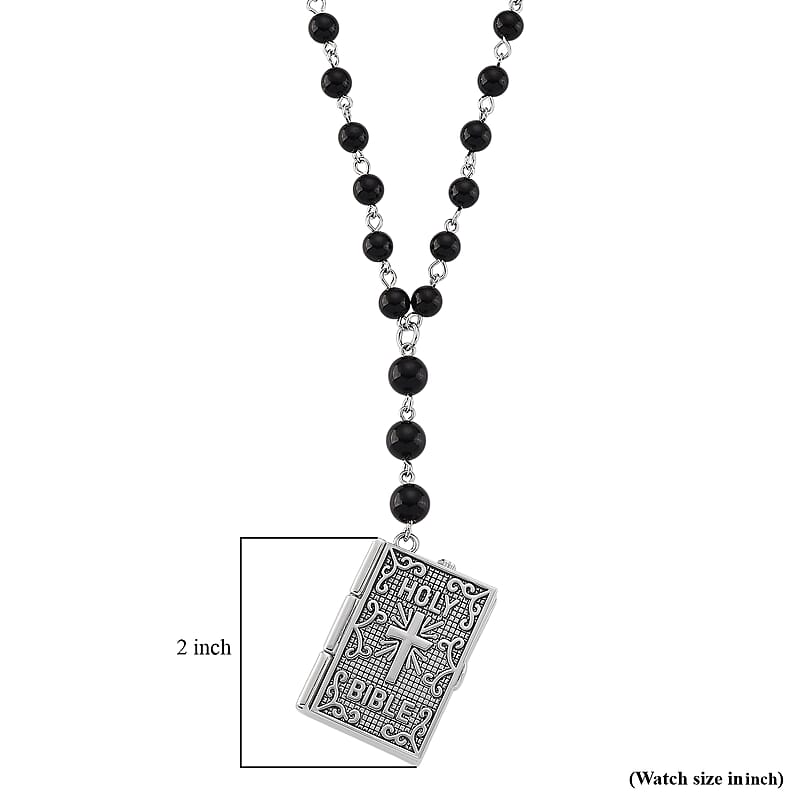 Genoa Black Obsidian 145.00 ctw Japanese Movement Bible Pocket Watch with Chain 36 Inches in Silvertone