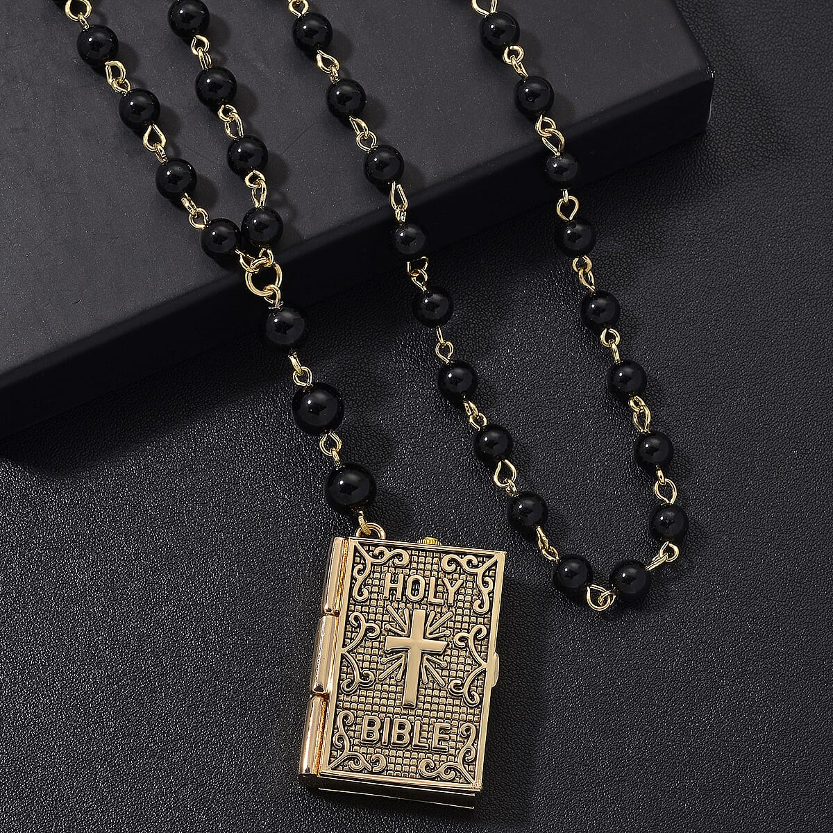 Genoa Black Obsidian 145.00 ctw Japanese Movement Bible Pocket Watch with Chain 36 Inches in Goldtone image number 1