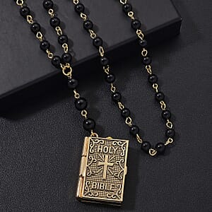 Genoa Black Obsidian 145.00 ctw Japanese Movement Bible Pocket Watch with Chain 36 Inches in Goldtone