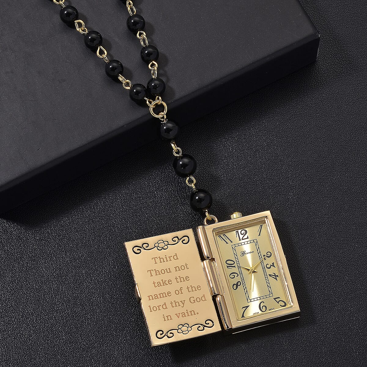 Genoa Black Obsidian 145.00 ctw Japanese Movement Bible Pocket Watch with Chain 36 Inches in Goldtone image number 2