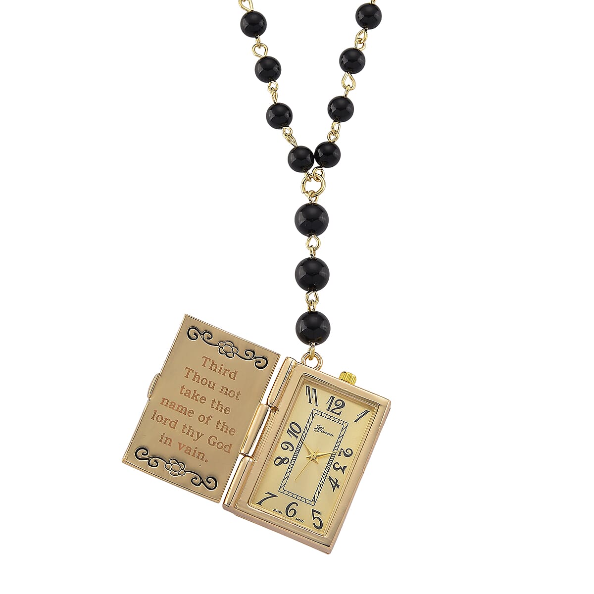 Genoa Black Obsidian 145.00 ctw Japanese Movement Bible Pocket Watch with Chain 36 Inches in Goldtone image number 3