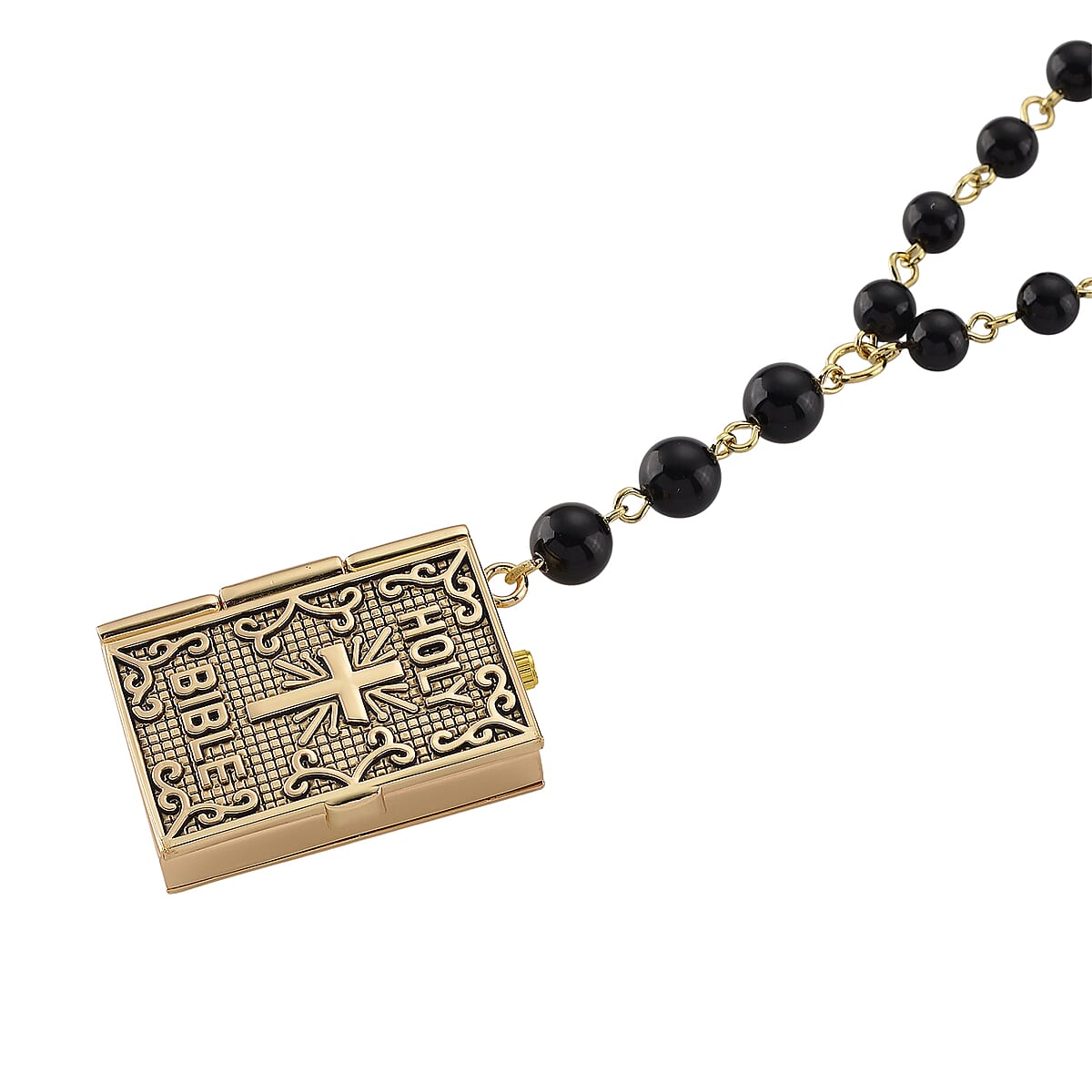 Genoa Black Obsidian 145.00 ctw Japanese Movement Bible Pocket Watch with Chain 36 Inches in Goldtone image number 4