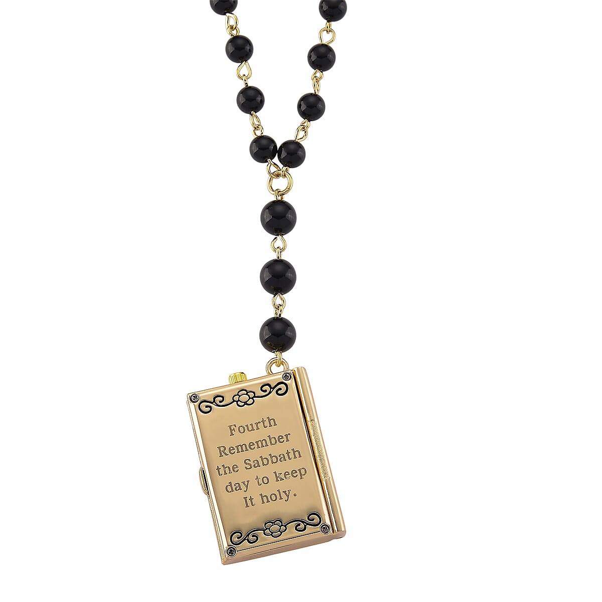 Genoa Black Obsidian 145.00 ctw Japanese Movement Bible Pocket Watch with Chain 36 Inches in Goldtone image number 5