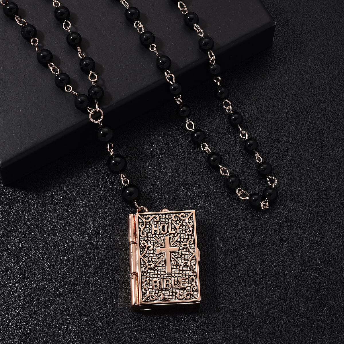 Genoa Black Obsidian 145.00 ctw Japanese Movement Bible Pocket Watch with Chain 36 Inches in Black Silvertone image number 1