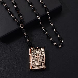 Genoa Black Obsidian 145.00 ctw Japanese Movement Bible Pocket Watch with Chain 36 Inches in Black Silvertone