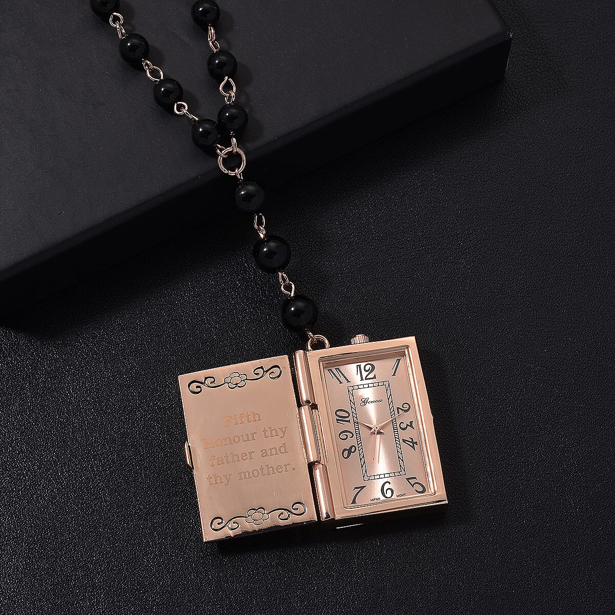 Genoa Black Obsidian 145.00 ctw Japanese Movement Bible Pocket Watch with Chain 36 Inches in Black Silvertone image number 2