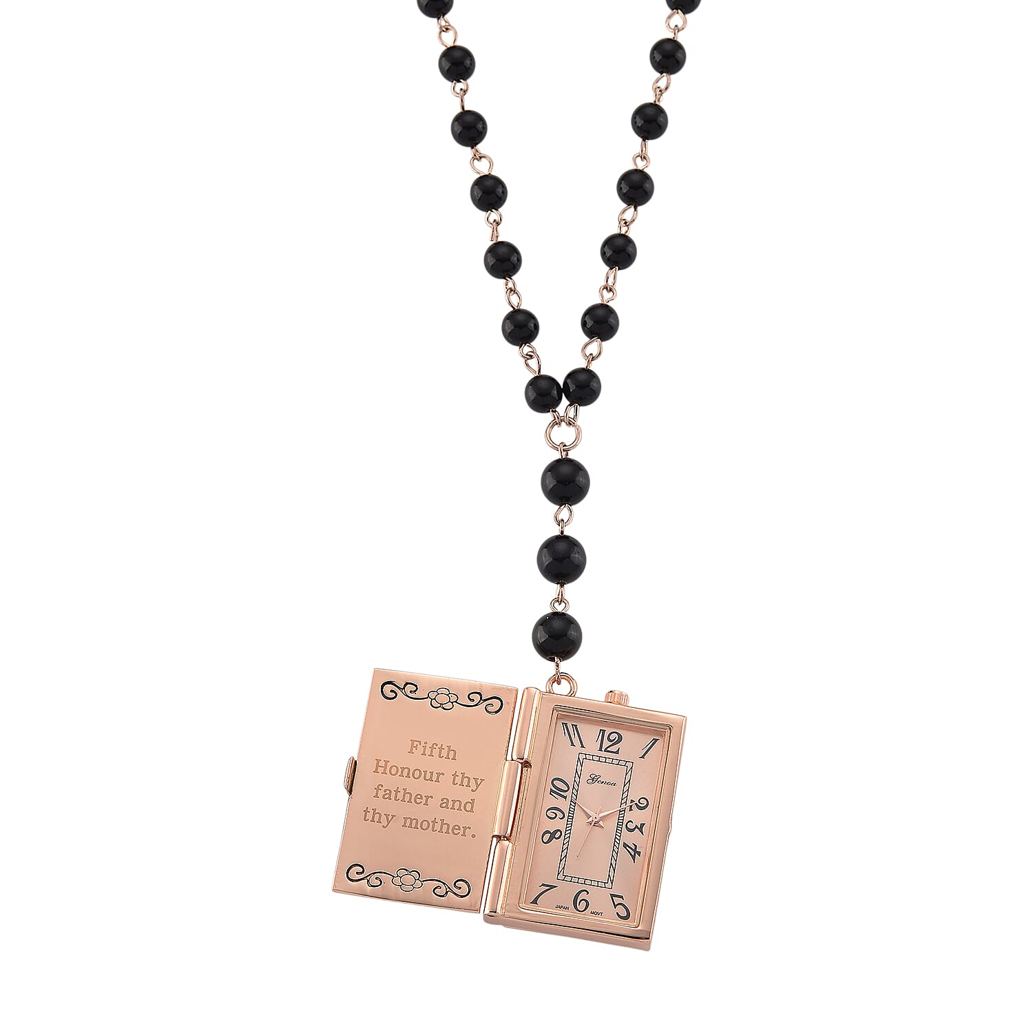Genoa Black Obsidian 145.00 ctw Japanese Movement Bible Pocket Watch with Chain 36 Inches in Black Silvertone