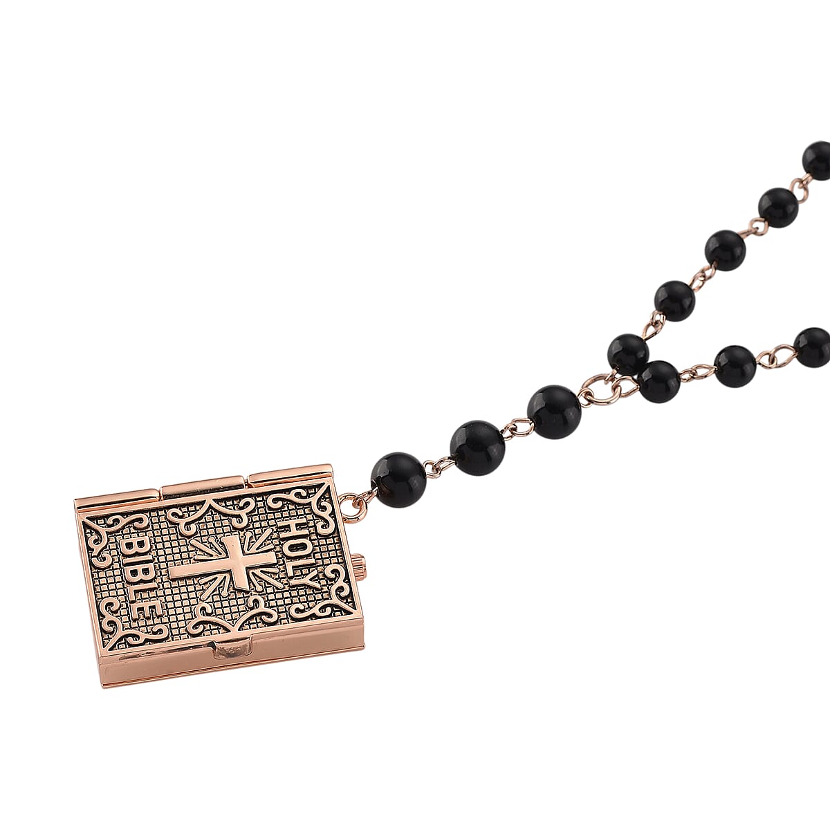 Genoa Black Obsidian 145.00 ctw Japanese Movement Bible Pocket Watch with Chain 36 Inches in Black Silvertone image number 4