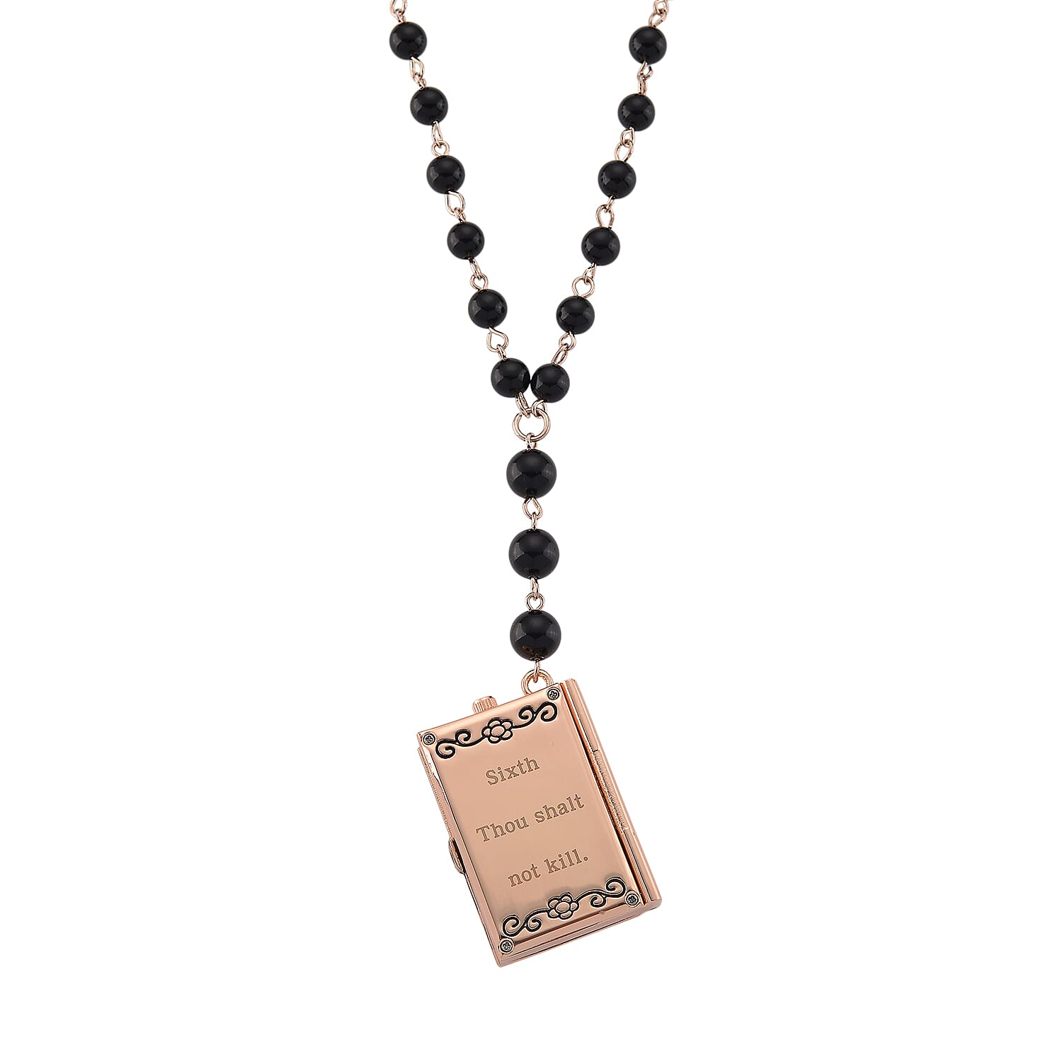 Genoa Black Obsidian 145.00 ctw Japanese Movement Bible Pocket Watch with Chain 36 Inches in Black Silvertone
