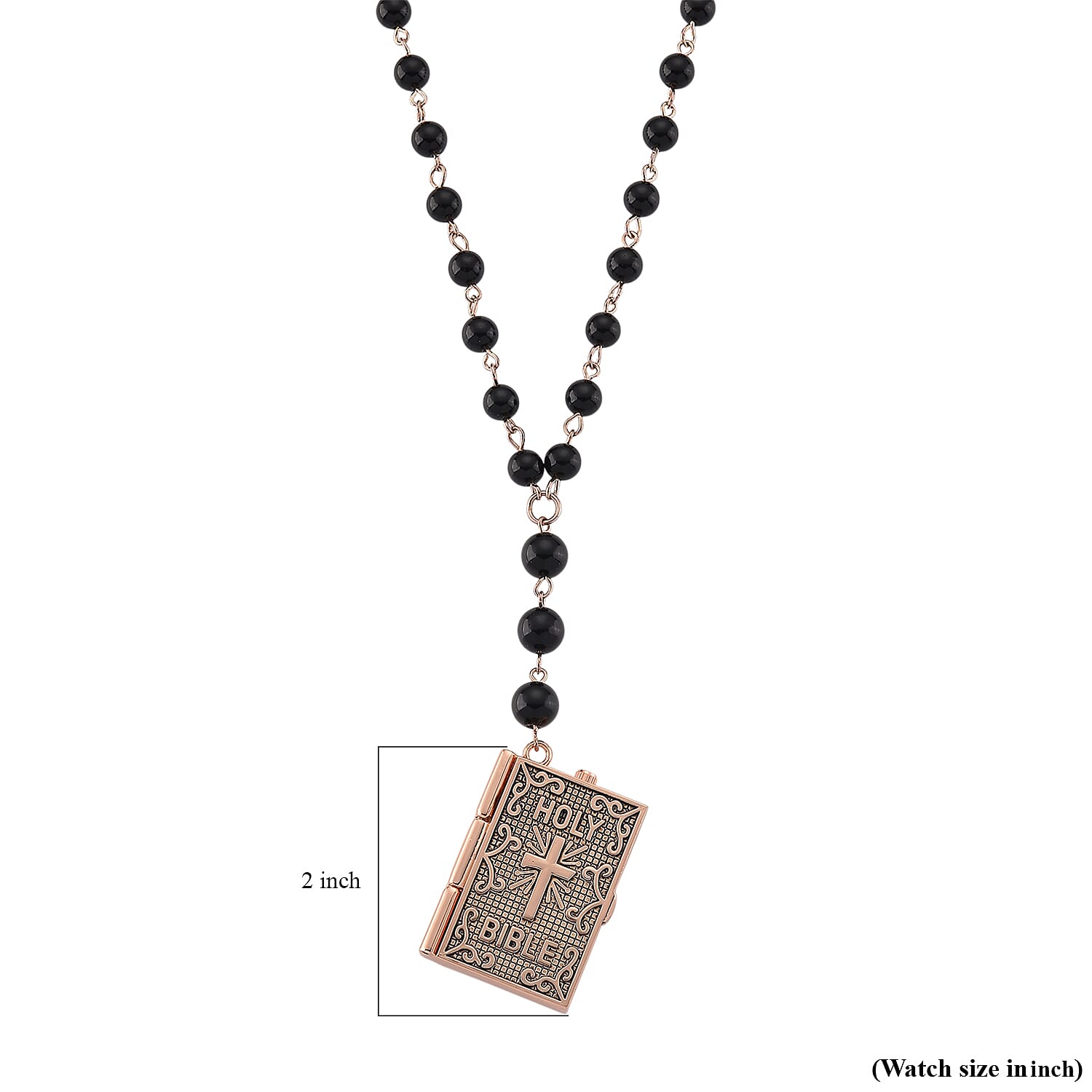 Genoa Black Obsidian 145.00 ctw Japanese Movement Bible Pocket Watch with Chain 36 Inches in Black Silvertone
