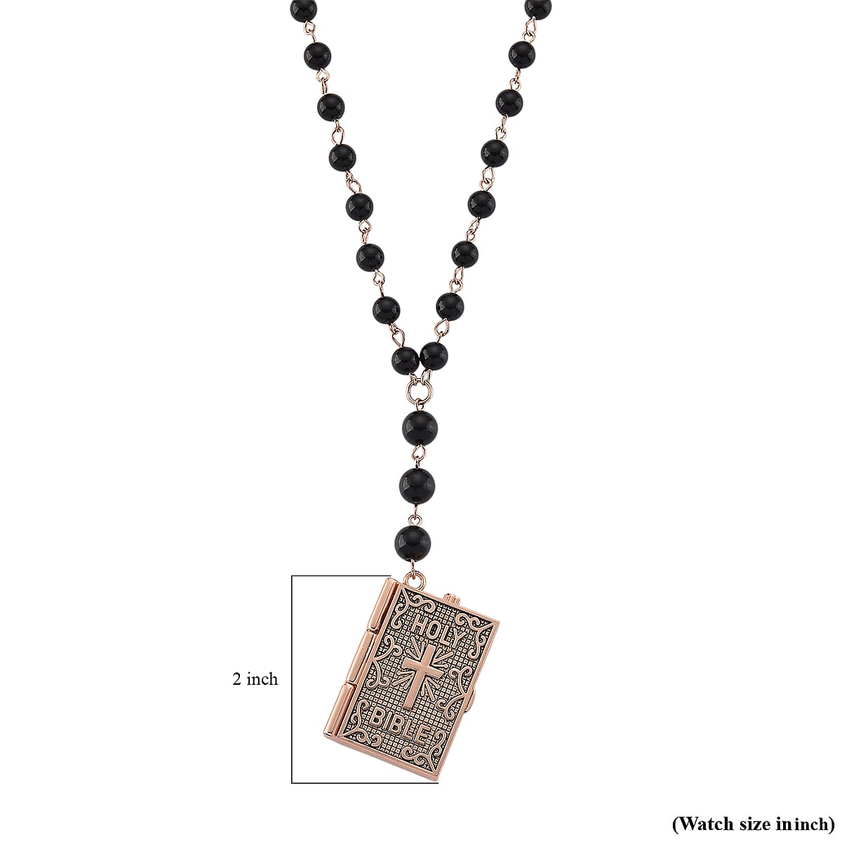 Genoa Black Obsidian 145.00 ctw Japanese Movement Bible Pocket Watch with Chain 36 Inches in Black Silvertone image number 7