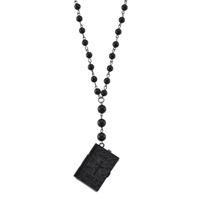 Genoa Black Obsidian 145.00 ctw Japanese Movement Bible Pocket Watch with Chain 36 Inches in Black Silvertone