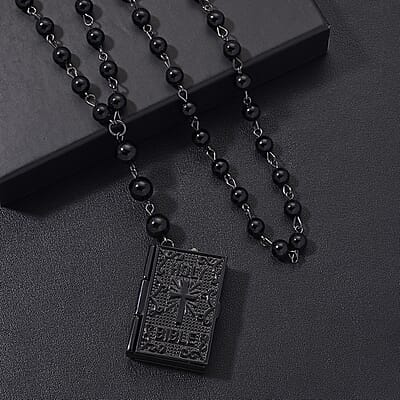 Genoa Black Obsidian 145.00 ctw Japanese Movement Bible Pocket Watch with Chain 36 Inches in Black Silvertone
