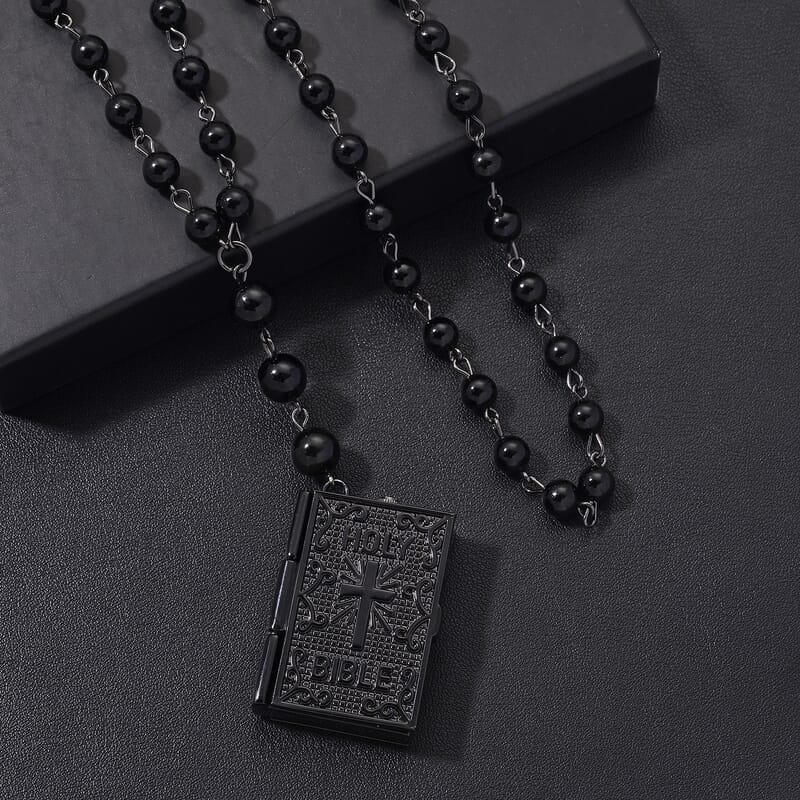 Genoa Black Obsidian 145.00 ctw Japanese Movement Bible Pocket Watch with Chain 36 Inches in Black Silvertone