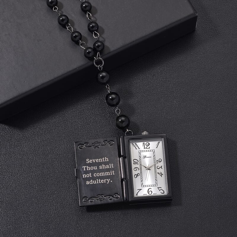 Genoa Black Obsidian 145.00 ctw Japanese Movement Bible Pocket Watch with Chain 36 Inches in Black Silvertone