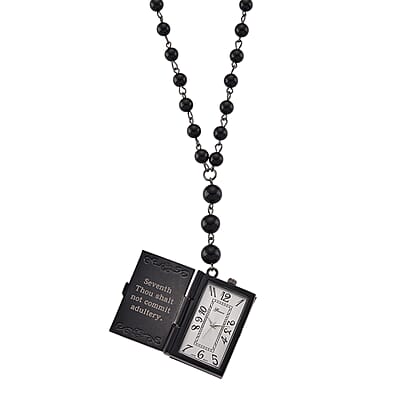Genoa Black Obsidian 145.00 ctw Japanese Movement Bible Pocket Watch with Chain 36 Inches in Black Silvertone
