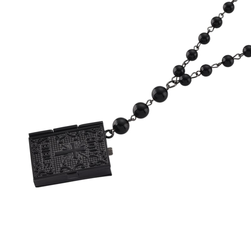 Genoa Black Obsidian 145.00 ctw Japanese Movement Bible Pocket Watch with Chain 36 Inches in Black Silvertone