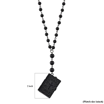 Genoa Black Obsidian 145.00 ctw Japanese Movement Bible Pocket Watch with Chain 36 Inches in Black Silvertone