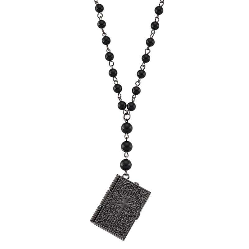 Genoa Black Obsidian 145.00 ctw Japanese Movement Bible Pocket Watch with Chain 36 Inches in Aged Black Silvertone