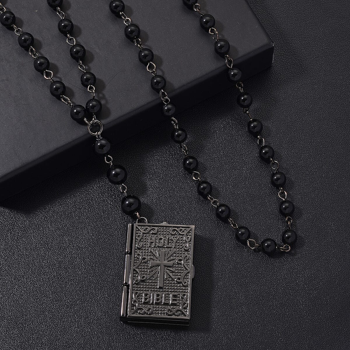 Genoa Black Obsidian 145.00 ctw Japanese Movement Bible Pocket Watch with Chain 36 Inches in Aged Black Silvertone image number 1