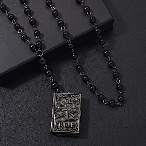 Genoa Black Obsidian 145.00 ctw Japanese Movement Bible Pocket Watch with Chain 36 Inches in Aged Black Silvertone