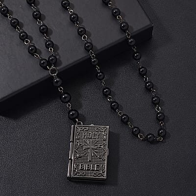 Genoa Black Obsidian 145.00 ctw Japanese Movement Bible Pocket Watch with Chain 36 Inches in Aged Black Silvertone