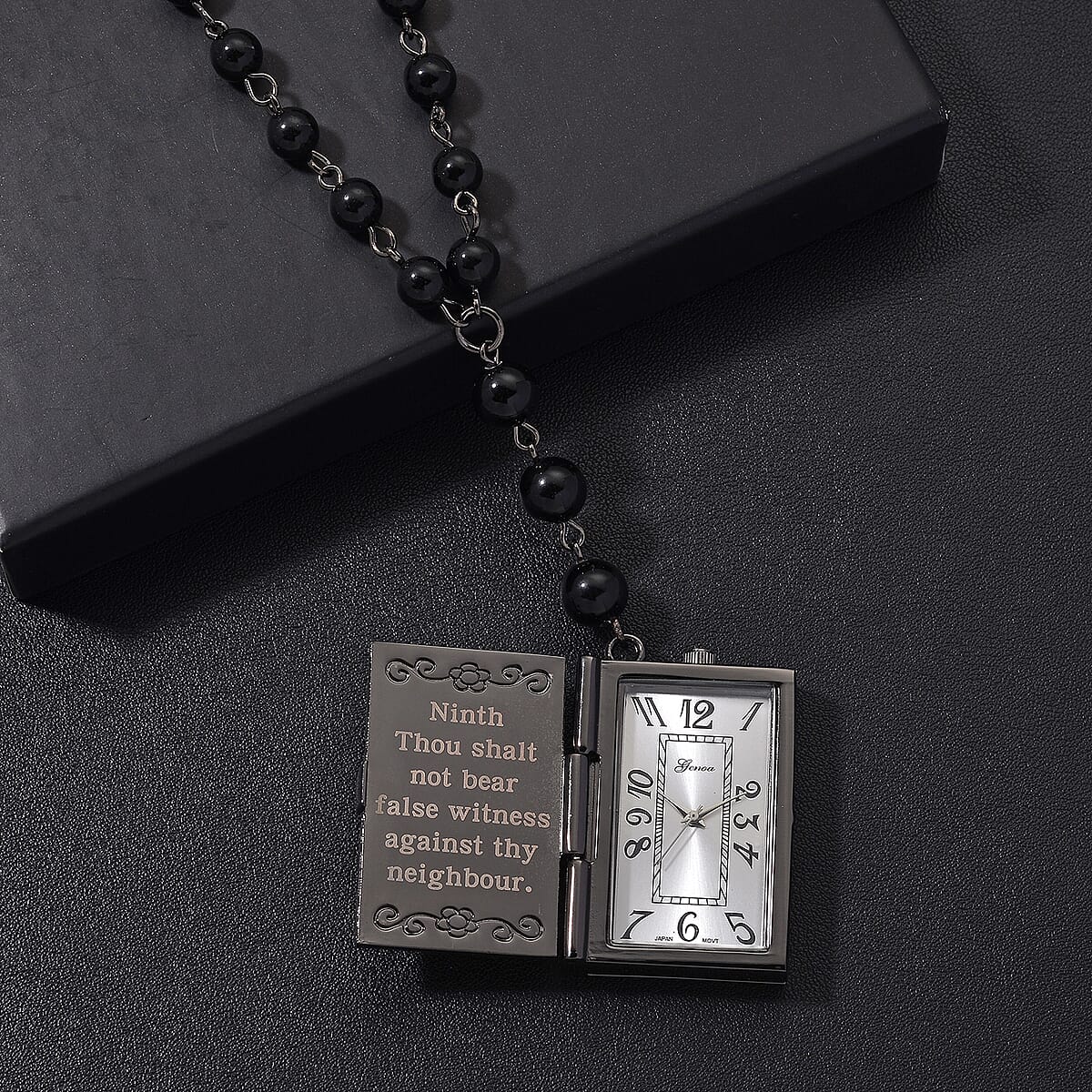 Genoa Black Obsidian 145.00 ctw Japanese Movement Bible Pocket Watch with Chain 36 Inches in Aged Black Silvertone image number 2
