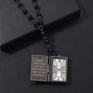 Genoa Black Obsidian 145.00 ctw Japanese Movement Bible Pocket Watch with Chain 36 Inches in Aged Black Silvertone