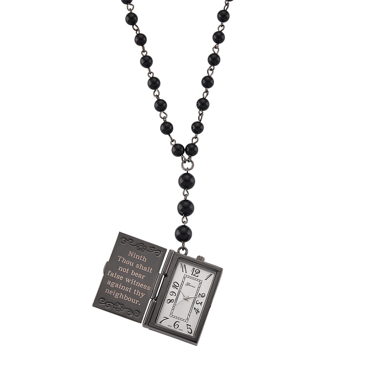 Genoa Black Obsidian 145.00 ctw Japanese Movement Bible Pocket Watch with Chain 36 Inches in Aged Black Silvertone image number 3