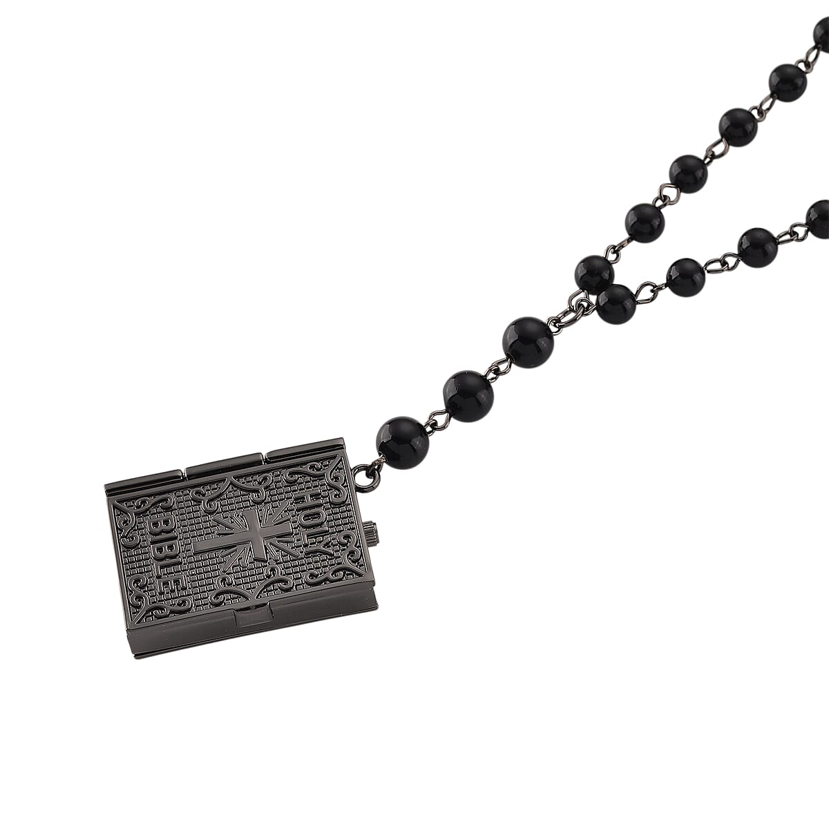 Genoa Black Obsidian 145.00 ctw Japanese Movement Bible Pocket Watch with Chain 36 Inches in Aged Black Silvertone image number 4