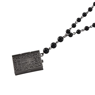 Genoa Black Obsidian 145.00 ctw Japanese Movement Bible Pocket Watch with Chain 36 Inches in Aged Black Silvertone