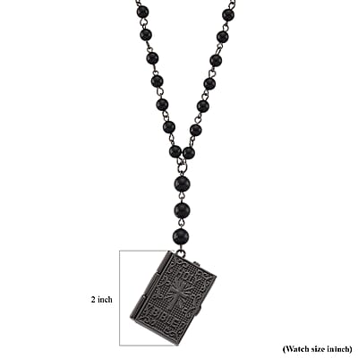 Genoa Black Obsidian 145.00 ctw Japanese Movement Bible Pocket Watch with Chain 36 Inches in Aged Black Silvertone