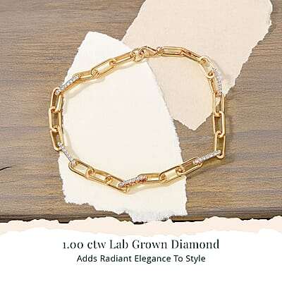 Luxuriant Lab Grown Diamond G-H SI 1.00 ctw Paper Clip Chain Bracelet in 18K Vermeil Yellow Gold Over Sterling Silver (6.50 In)