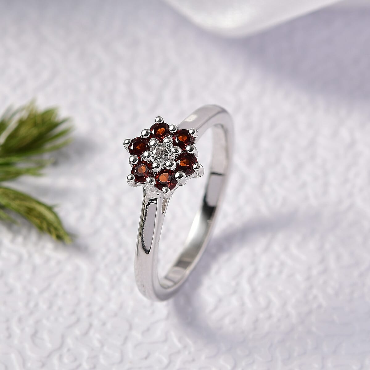 D'Joy Mozambique Garnet and White Zircon 0.40 ctw Ring in Rhodium Over Sterling Silver (Size 6.0) image number 1