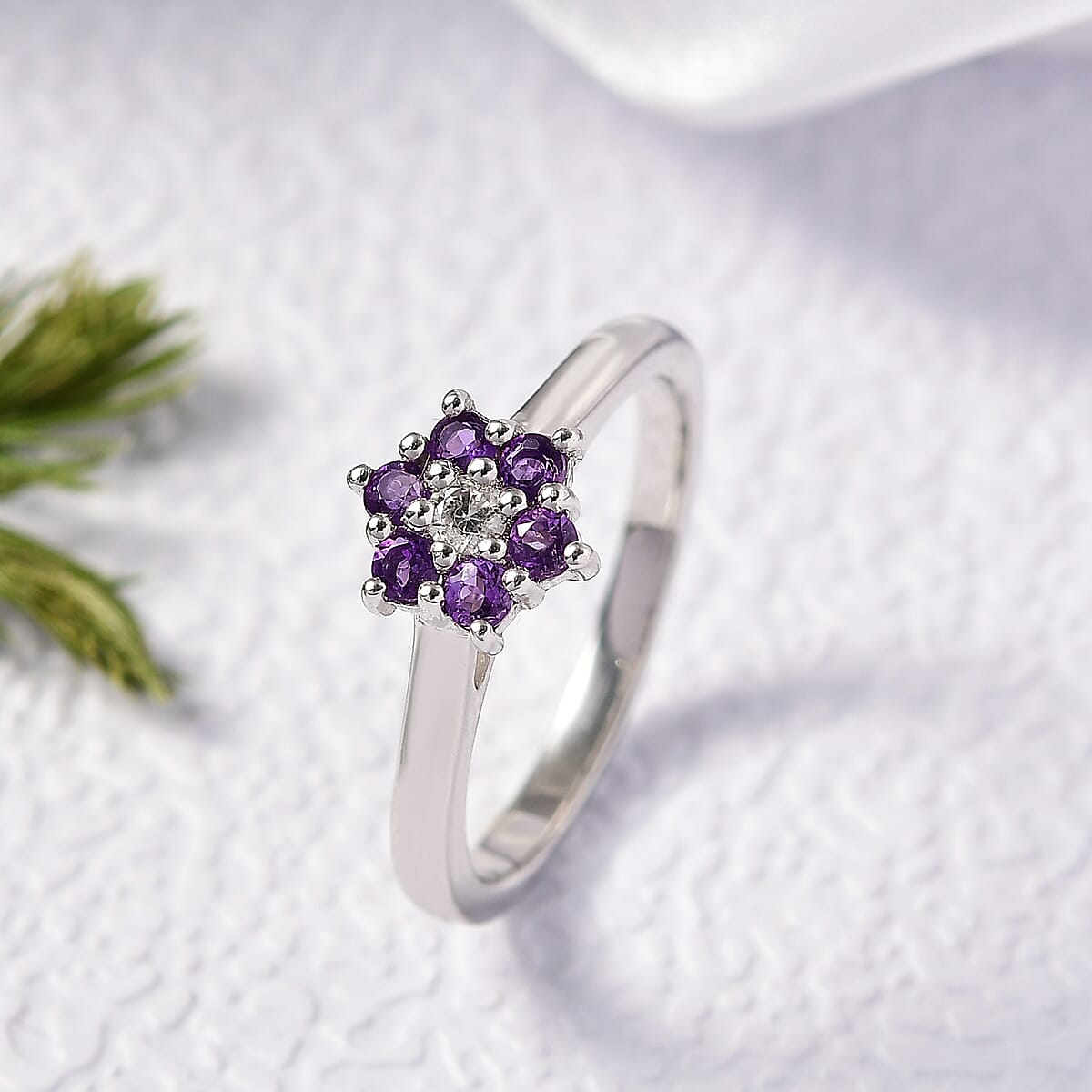 D'Joy African Amethyst and White Zircon 0.35 ctw Ring in Rhodium Over Sterling Silver (Size 6.0) image number 1