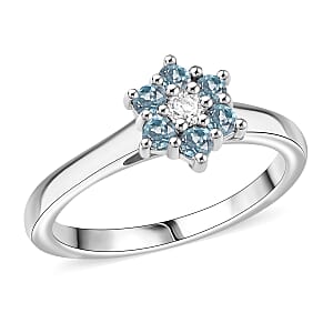 D'Joy Cambodian Blue Zircon and White Zircon 0.60 ctw Ring in Rhodium Over Sterling Silver (Size 6.0)